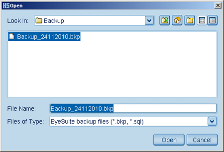 IOL Restore  File Dialog Program Functions: Restore Database Haag Streit Lenstar