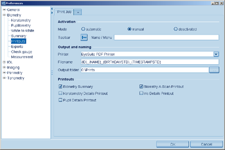Settings Printouts LENSTAR Biometry
